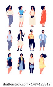 Plus size women. Young overweight lady in casual fashion clothes. Elegant beautiful curvy female models. Chubby girl vector characters