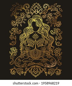 Plus size Yoga Girl Gold color. Ornamental feminine Vector illustration. Medallion yoga lotus pose india arabic style. Body positive consept. 