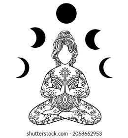 Plus size Yoga Girl Mandala. Ornamental feminine Vector illustration. Medallion yoga lotus pose india arabic style. Body positive consept. Coloring book