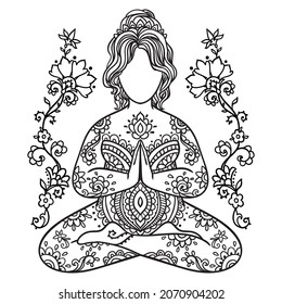 Plus size Yoga Girl Mandala. Ornamental feminine Vector illustration. Medallion yoga lotus pose india arabic style. Body positive consept. Coloring book