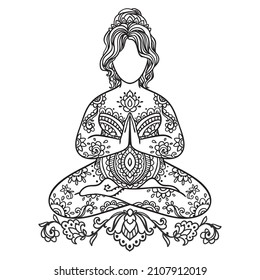 Außerdem groß Yoga Girl Mandala. Zierweibliche Vektorgrafik. Medallion Yoga lotus posiert india arabischen Stil. Körperpositives Konzept. Farbbuch