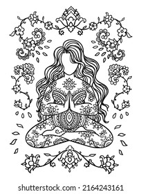 Plus size Yoga Girl Mandala. Ornamental feminine Vector illustration. Medallion yoga lotus pose india arabic style. Body positive consept. Coloring book