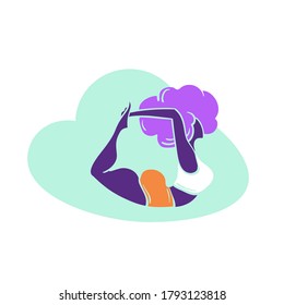 Plus size yoga woman, Lady with curly hair home workout body positive. Vector illustration isolated on white. Bow pose Dhanurasana. Fitness, yoga, healthy lifestyle concept