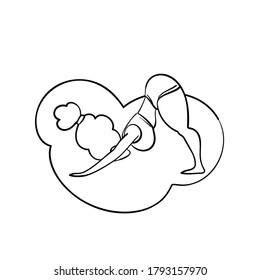 Plus size yoga woman, Lady with curly hair home workout body positive. Outline vector illustration on white background. Downward facing dog asana or Adho mukha svanasana. Fitness, healthy lifestyle