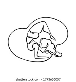 Plus size yoga woman, Lady with curly hair home workout body positive. Outline vector illustration on white background. Vrschikasana or Scorpion Pose. Fitness, healthy lifestyle