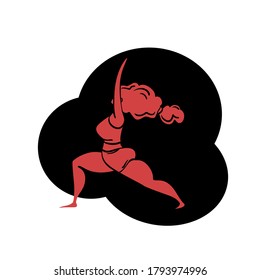 Plus size yoga woman, Lady with curly haired woman working out at home, body positive theme. Lash lava color vector illustration on black abstract shape. Virabhadrasana Warrior pose. Fitness, healthy lifestyle