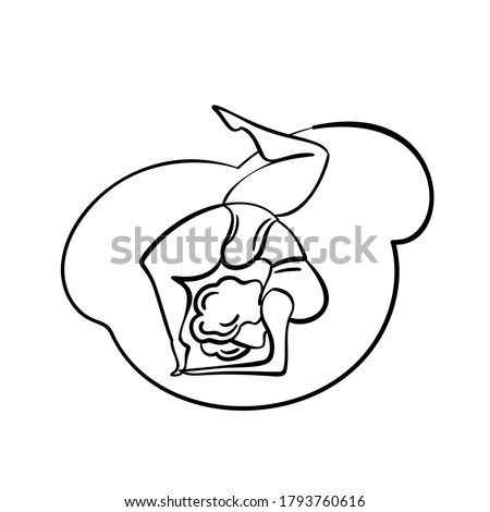 Plus size yoga woman, Lady curly hair home workout body positive. Line vector illustration white background. One leg on elbows Urdhva Dhanurasana Chakrasana Upward Bow Wheel pose. Fitness healthy life