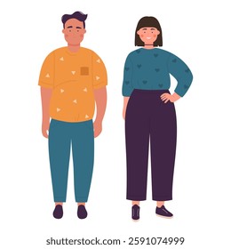 Plus size young couple standing side by side, showcasing diverse body types and casual fashion styles. The woman confidently poses with a hand on her hip vector illustration.