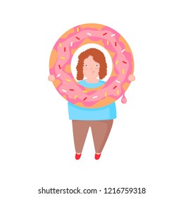 Plus size young woman with big donut in her hands. Funny cartoon girl, isolated vector illustration