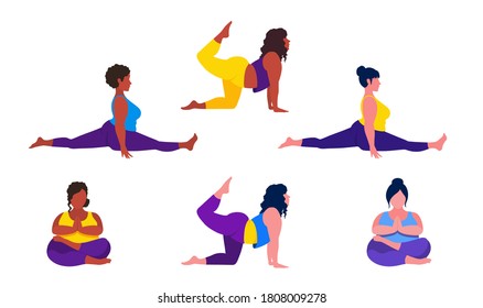 Plus size young women doing fitness, pilates, yoga, forward split. Body love lifestyle healthcare illustration. An overweight woman stretching. Lotus namaste asana. Isolated on a white background.