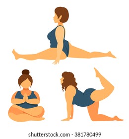 Plus size young women doing fitness, yoga, forward split. Body love lifestyle healthcare illustration. Lotus namaste asana. Isolated on white background.