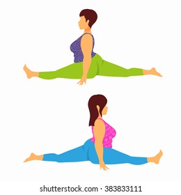 Plus size young women doing forward split during fitness, yoga, pilates training. Body love lifestyle healthcare illustration. Isolated on white background.