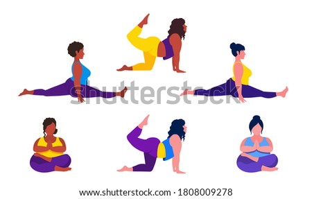 Plus size young women doing fitness, pilates, yoga, forward split. Body love lifestyle healthcare illustration. An overweight woman stretching. Lotus namaste asana. Isolated on a white background.