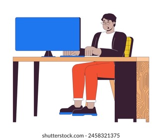 Plus sized arab man at computer 2D linear cartoon character. Obese middle eastern male in office isolated line vector person white background. Body positive color flat spot illustration