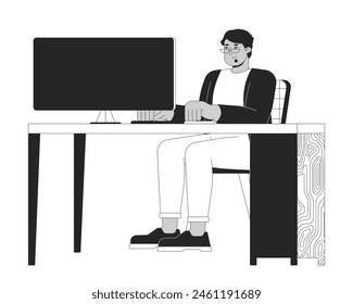 Plus sized arab man at computer black and white 2D line cartoon character. Obese middle eastern male in office isolated vector outline person. Body positive monochromatic flat spot illustration