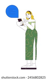 Plus sized caucasian woman using mobile phone 2D linear cartoon character. Curvy female sending message in chat isolated line vector person white background. Body positive color flat spot illustration