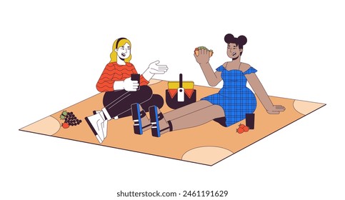 Plus sized diverse women having picnic 2D linear cartoon characters. Obese friends eating outdoors isolated line vector people white background. Body positive color flat spot illustration