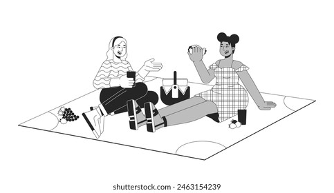 Mujeres diversas de talla grande que tienen personajes de dibujos animados de la línea 2D en blanco y negro del picnic. Los amigos obesos que comen al aire libre delinean el Vector de las personas. Ilustración de punto plano monocromático positivo del cuerpo