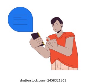 Plus sized hindu man texting 2D linear cartoon character. Obese male using chat on smartphone isolated line vector person white background. Healthy body positive color flat spot illustration