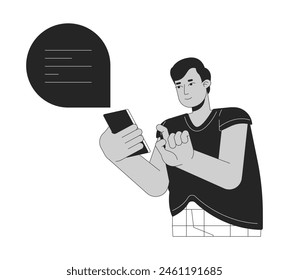 Plus sized hindu man texting black and white 2D line cartoon character. Obese male using chat on smartphone isolated vector outline person. Healthy body positive monochromatic flat spot illustration