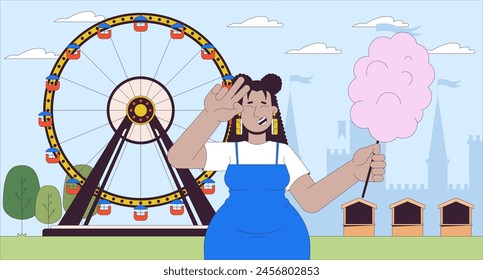 Plus sized latina woman visiting amusement park cartoon flat illustration. Positive curvy female holding cotton candy 2D line character colorful background. Lifestyle scene vector storytelling image