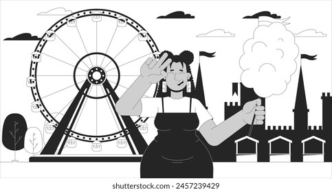 Plus sized latina woman visiting amusement park cartoon flat illustration. Positive curvy female holding cotton candy 2D character monochrome background. Lifestyle scene outline scene vector image