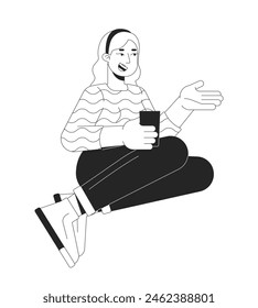 Plus sized woman with drink talking black and white 2D line cartoon character. Curvy european female sitting isolated vector outline person. Healthy body positive monochromatic flat spot illustration