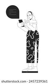 Plus sized woman using mobile phone black and white 2D line cartoon character. Curvy female sending message in chat isolated vector outline person. Body positive monochromatic flat spot illustration