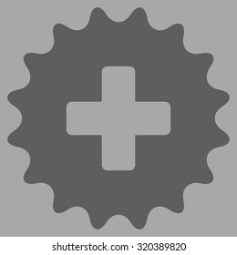Plus Stamp vector icon. Style is flat symbol, dark gray color, rounded angles, silver background.