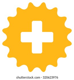 Plus Stamp vector icon. Style is flat symbol, yellow color, rounded angles, white background.