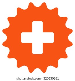 Plus Stamp vector icon. Style is flat symbol, orange color, rounded angles, white background.