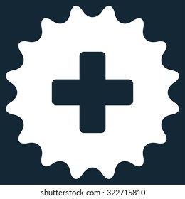 Plus Stamp vector icon. Style is flat symbol, white color, rounded angles, dark blue background.