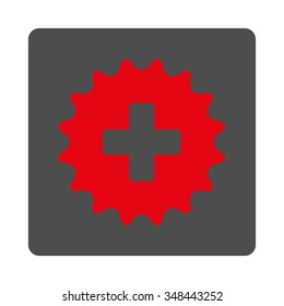 Plus Stamp vector icon. Style is flat rounded square gray button with red symbol, white background.