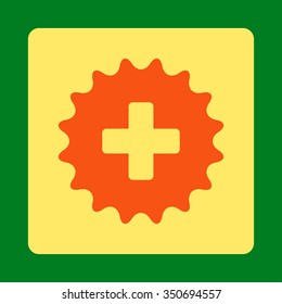 Plus Stamp vector icon. Style is flat rounded square button, orange and yellow colors, green background.