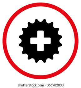 Plus Stamp vector icon. Style is bicolor flat circled symbol, intensive red and black colors, rounded angles, white background.