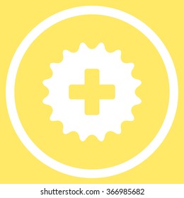 Plus Stamp vector icon. Style is flat circled symbol, white color, rounded angles, yellow background.