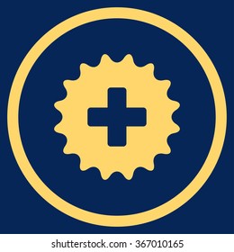 Plus Stamp vector icon. Style is flat circled symbol, yellow color, rounded angles, blue background.