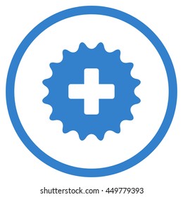 Plus Stamp vector icon. Style is flat circled symbol, cobalt color, rounded angles, white background.