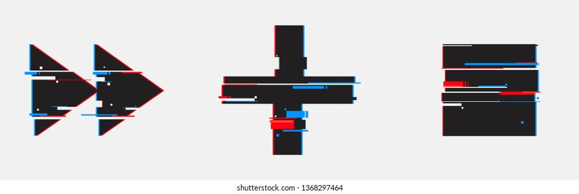 Plus, stop button. Set of abstract minimal template design for branding, advertising in geometric glitch style.