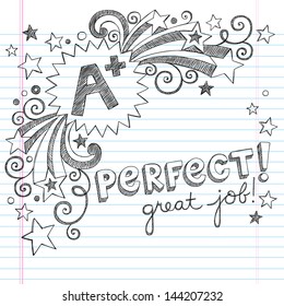 A Plus Student Great Grades Back to School Sketchy Notebook Doodles with Lettering, Shooting Stars, and Swirls- Hand-Drawn Illustration Design Elements on Lined Sketchbook Paper Background