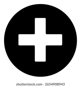 Un símbolo más en el centro. Símbolo blanco aislado en círculo negro. Ilustración vectorial sobre fondo blanco