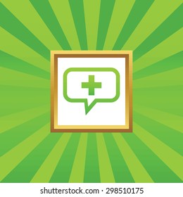 Plus symbol in chat bubble, in golden frame, on green abstract background