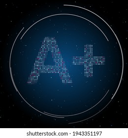 The A plus symbol filled with white dots. Pointillism style. Some dots is pink. Vector illustration on blue background with stars