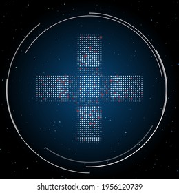 The plus symbol filled with white dots. Pointillism style. Some dots is red. Vector illustration on blue background with stars