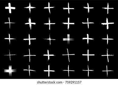 Plus symbols big collection. 30 hand drown sygns signs isolated on black background. Vector illustration