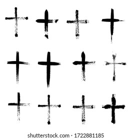 Plus symbols big collection. Grunge Religion Cross. Black Paint. Hand drawn signs isolated on white background. Christian cross church icon set logos.