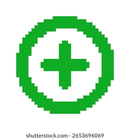 Más Plantillas en estilo pixel art. Símbolo de adición sólido verde. Añadir, aumentar, etiquetas. Aislado sobre fondo blanco.