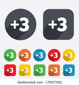 Plus three sign. Add three symbol. Three more. Circles and rounded squares 12 buttons. Vector