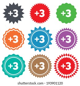 Plus three sign. Add three symbol. Three more. Stars stickers. Certificate emblem labels. Vector