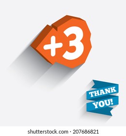 Plus three sign. Add three symbol. Three more. White icon on orange 3D piece of wall. Carved in stone with long flat shadow. Vector